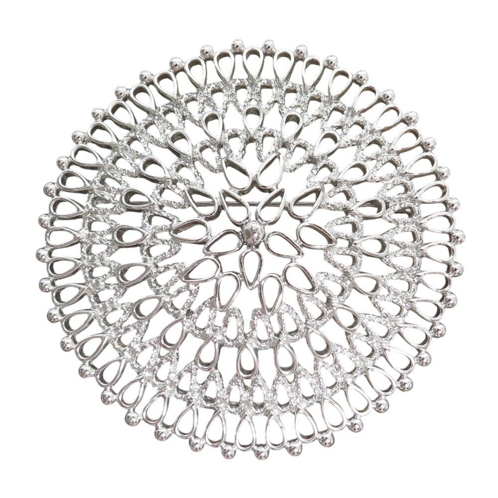 Trifari Vintage Silver Tone Openwork Lace Round Sunburst Filigree Brooch Pin